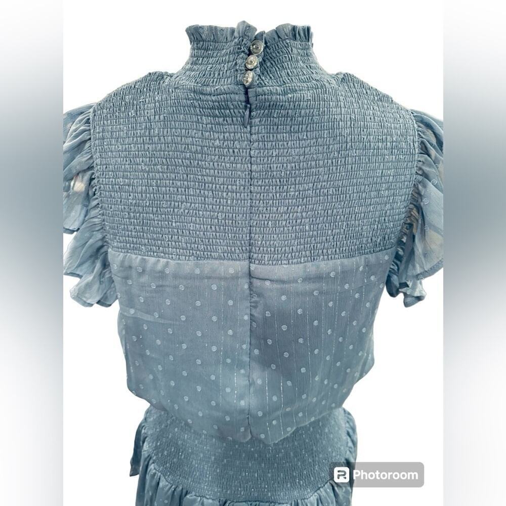 Aqua Ruffle Dress Smocked Short Sleeve Blue Swiss Dot Womens size Large - Picture 13 of 15